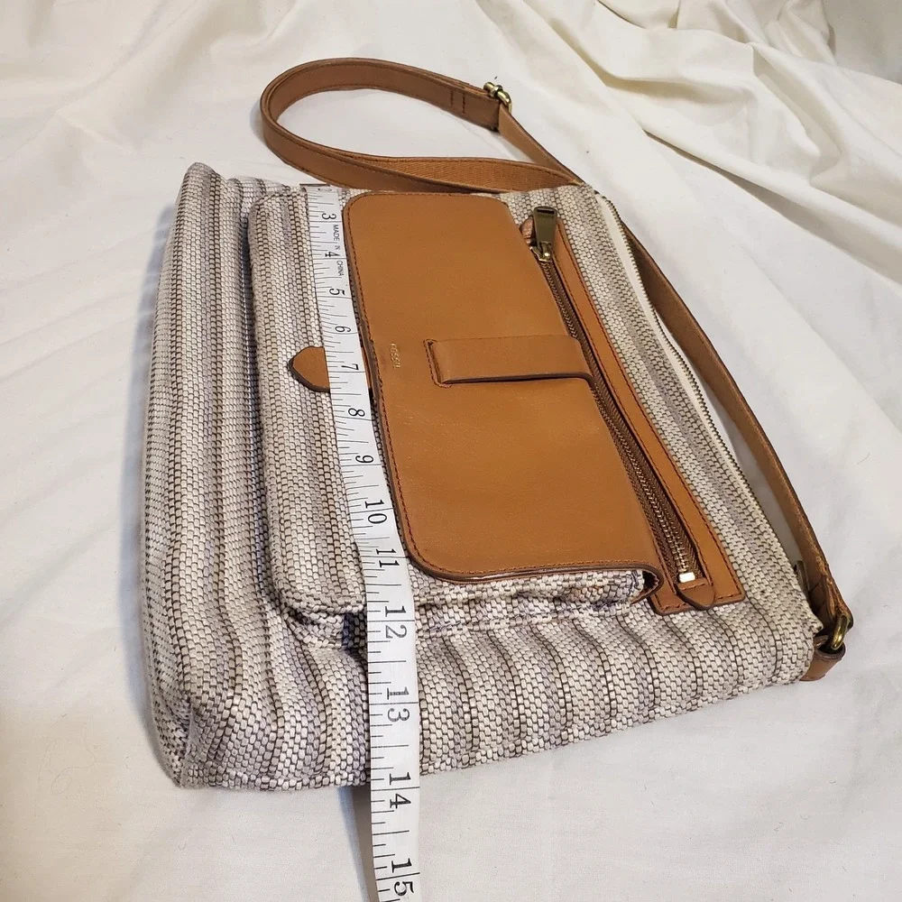 Fossil Women's Kinley Crossbody Tan‎ Bag Leather & Canvas Med Adj Strap